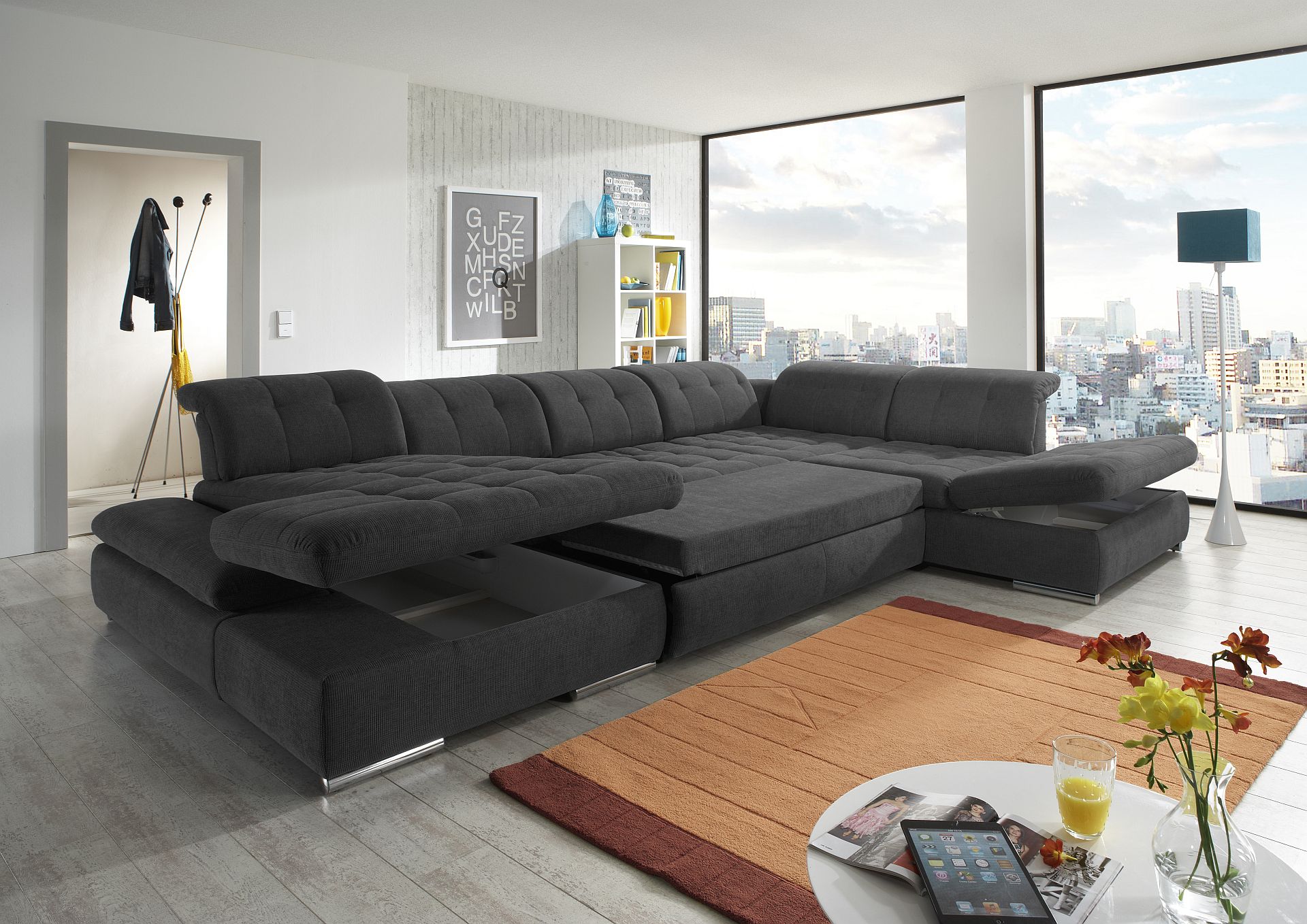 Sedac souprava SARDEGNA_ sestava 5880-C_ nastaven hloubky sedu ve standardu_ ostatn voliteln funkce za pplatek_ rohov rozmry sestavy zleva 199/401/278 cm_ v ltce se speciln pravou proti skvrnm OLYMPIA CLEAN dunkelgrau (skupina 13)_ obr. 2