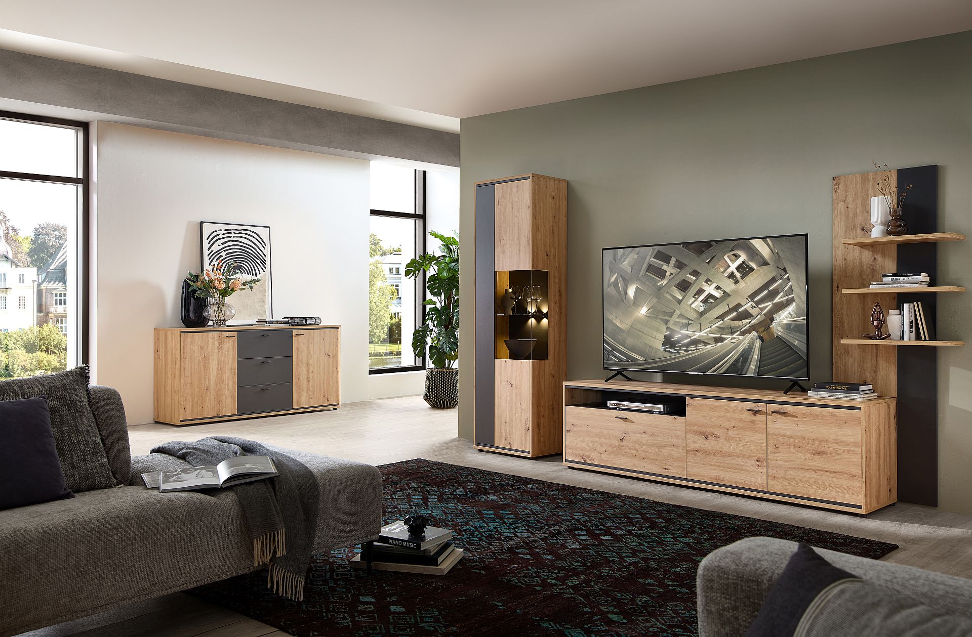 Nbytek do obvacho pokoje ANCOS I._ ob. sestava 40 E8 HG 80 + sideboard 40 E8 HG 20 _ vetn LED osvtlen_ foto s dekoracemi_ obr. 1