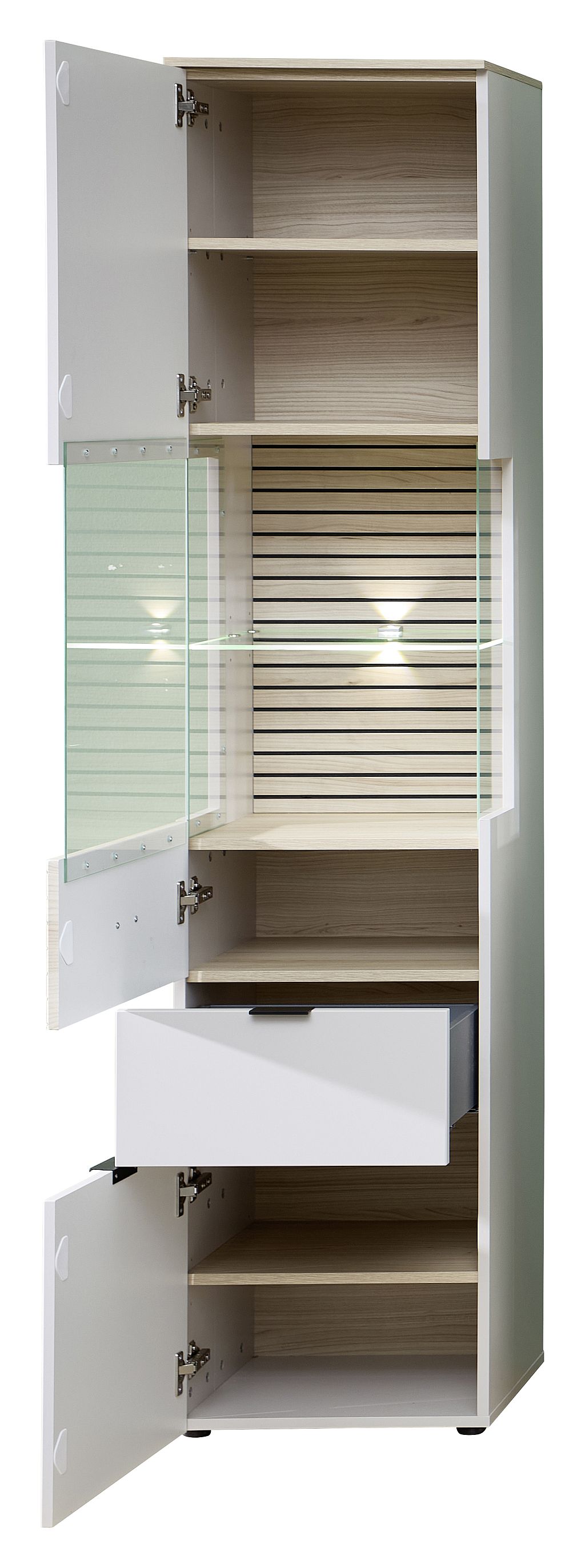 Nábytek do obývacího pokoje a jídelny ALBA II._ vitrina 10 S1 RM 01_ rozměry š/v/h_ 45/200/36 cm_ včetně LED osvětlení_ otevřená_ obr. 10 Nábytek do obývacího pokoje a jídelny ALBA II._ vitrina 10 S1 RM 01_ rozměry š/v/h_ 45/200/36 cm_ včetně LED osvětlení_ otevřená_ obr. 10