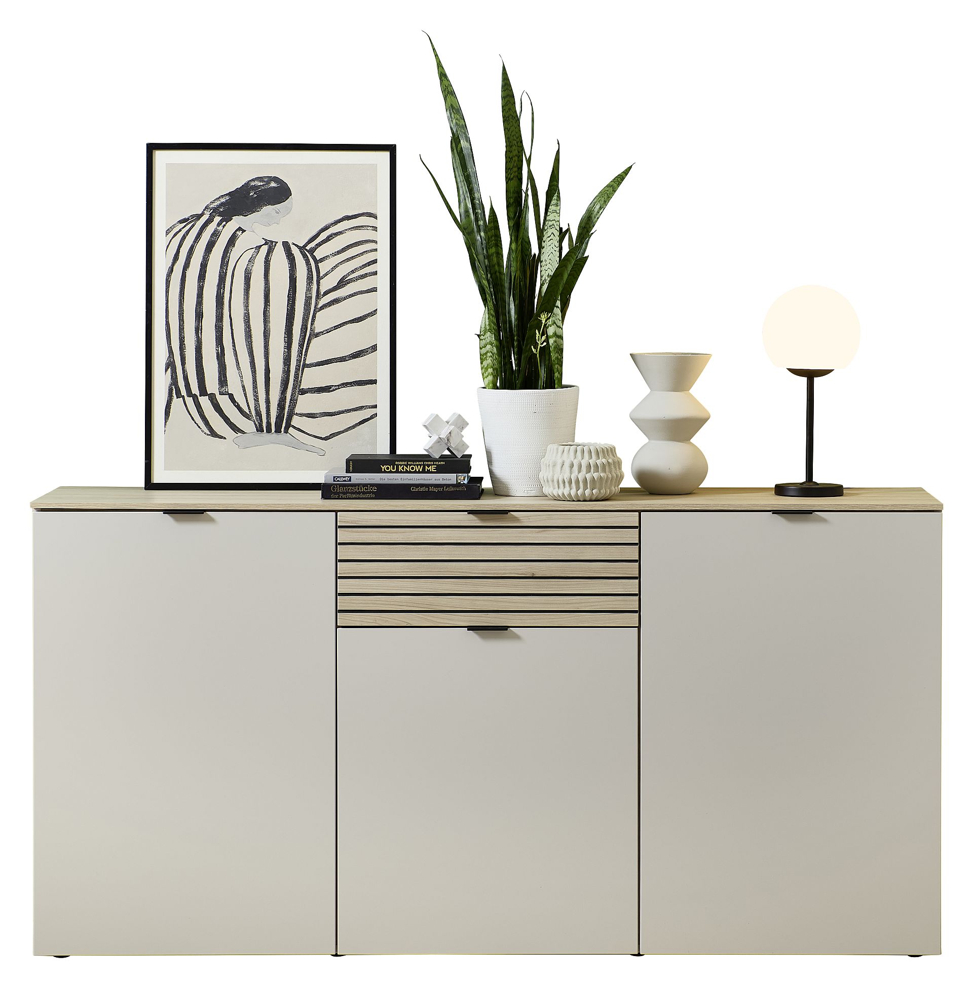 Nábytek do obývacího pokoje ALBA II._ sideboard 10 S1 RM 20_ rozměry š/v/h_ 180/90/45 cm_ včetně LED osvětlení_ foto s dekorací_ obr. 14 Nábytek do obývacího pokoje ALBA II._ sideboard 10 S1 RM 20_ rozměry š/v/h_ 180/90/45 cm_ včetně LED osvětlení_ foto s dekorací_ obr. 14