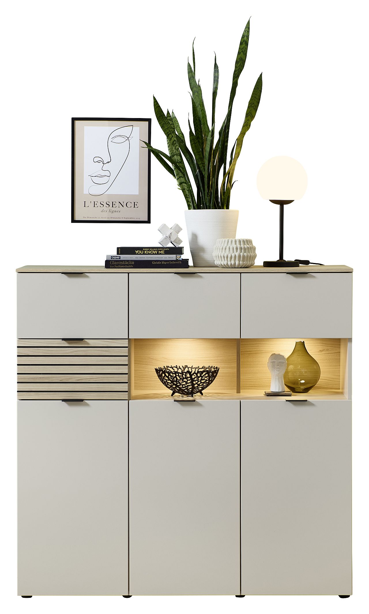 Nábytek do obývacího pokoje a jídelny ALBA II._ highboard 10 S1 RM 22_ rozměry š/v/h_ 125/125/45 cm_ včetně LED osvětlení_ foto s dekorací_ obr. 13 Nábytek do obývacího pokoje a jídelny ALBA II._ highboard 10 S1 RM 22_ rozměry š/v/h_ 125/125/45 cm_ včetně LED osvětlení_ foto s dekorací_ obr. 13