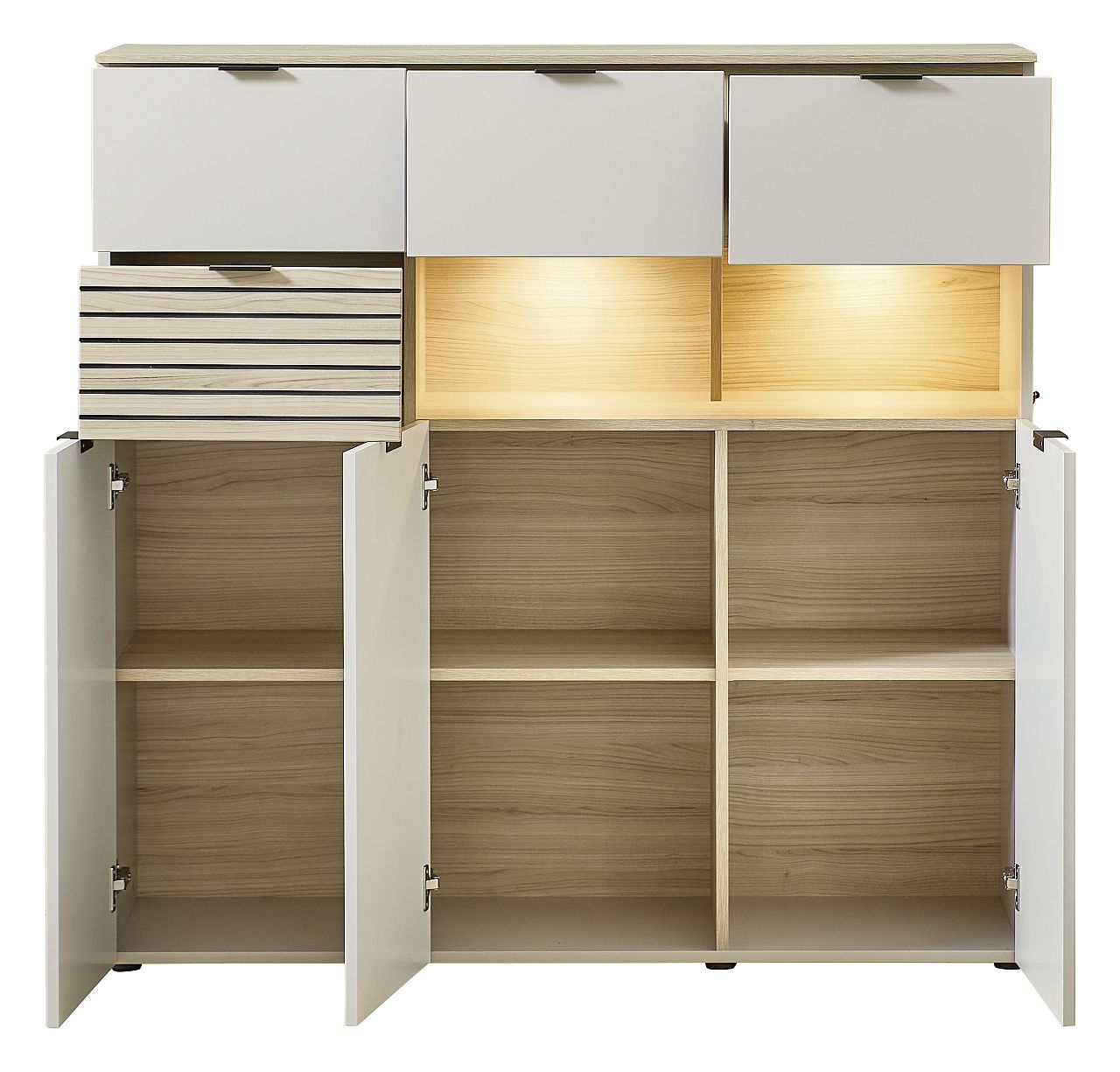 Nábytek do obývacího pokoje a jídelny ALBA II._ highboard 10 S1 RM 22_ rozměry š/v/h_ 125/125/45 cm_ včetně LED osvětlení_ otevřený_ obr. 14 Nábytek do obývacího pokoje a jídelny ALBA II._ highboard 10 S1 RM 22_ rozměry š/v/h_ 125/125/45 cm_ včetně LED osvětlení_ otevřený_ obr. 14