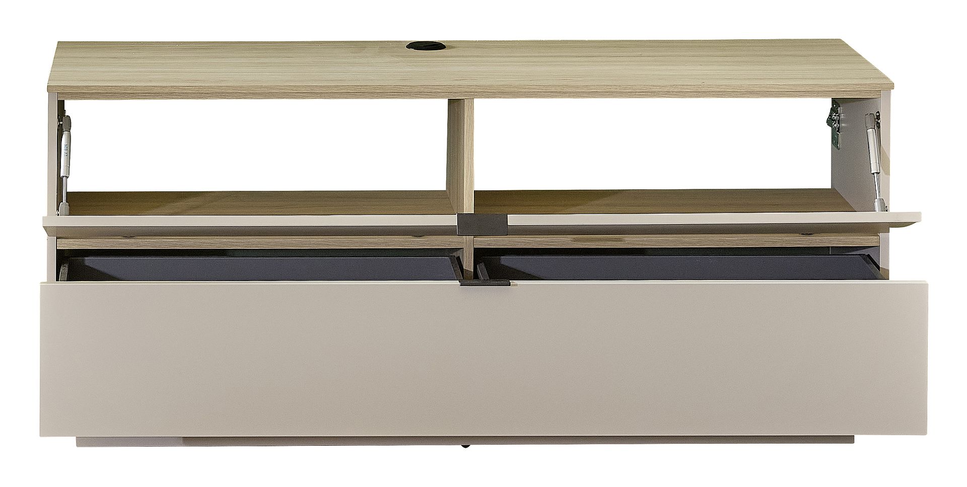 Nábytek do obývacího pokoje ALBA II._ spodní díl 10 S1 RM 30_ rozměry š/v/h_ 140/51/44 cm_ volitelná závěsná varianta bez soklu nebo stojící varianta se soklem_ otevřený_ obr. 10 Nábytek do obývacího pokoje ALBA II._ spodní díl 10 S1 RM 30_ rozměry š/v/h_ 140/51/44 cm_ volitelná závěsná varianta bez soklu nebo stojící varianta se soklem_ otevřený_ obr. 10