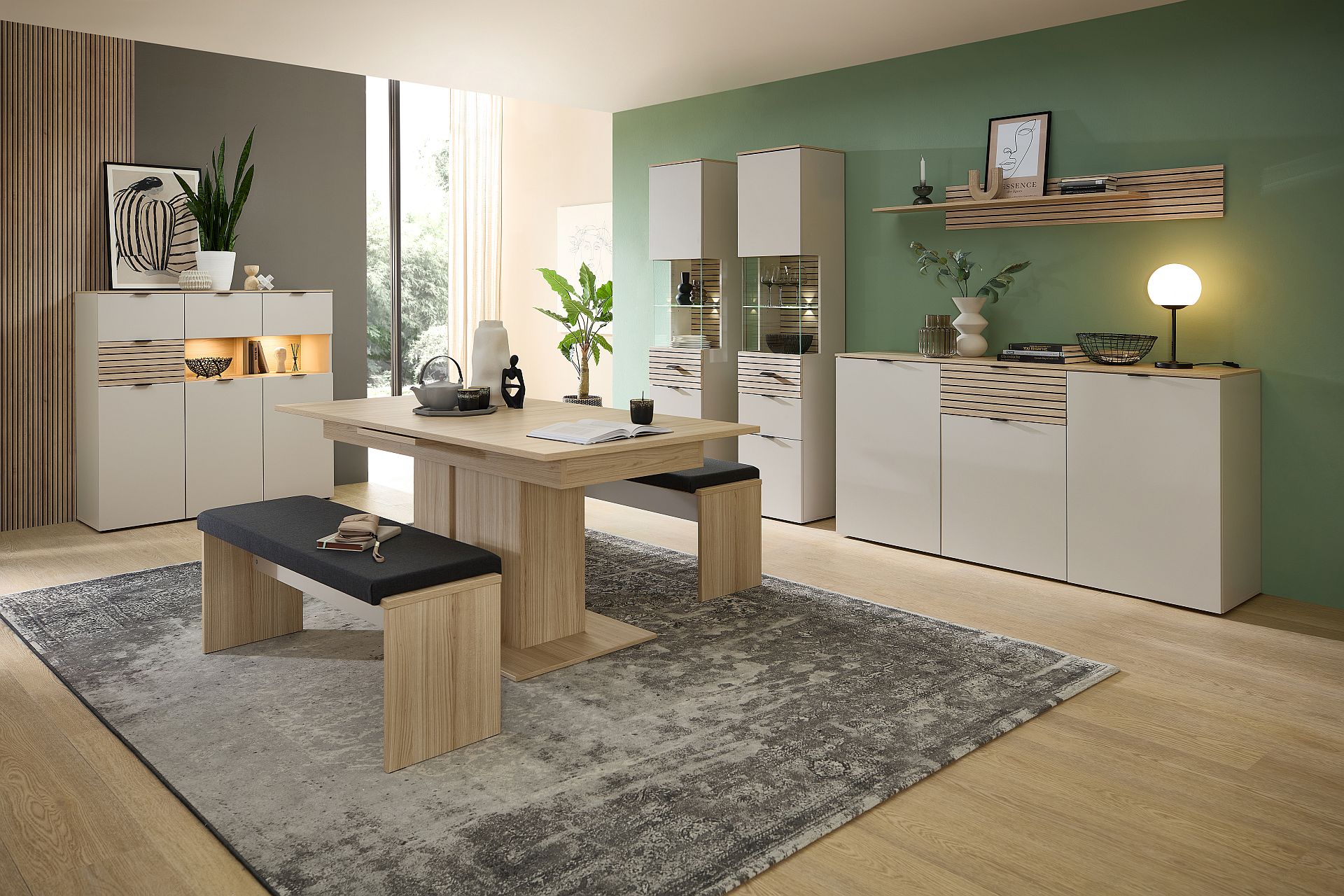 Nbytek do obvacho pokoje a jdelny ALBA II._ sestava "dining room"_ typy 2x 01+20+22+40+20 S1 RM 04+2x  20 S1 RM 03_ vetn LED osvtlen_ foto s dekoracemi_ obr. 1