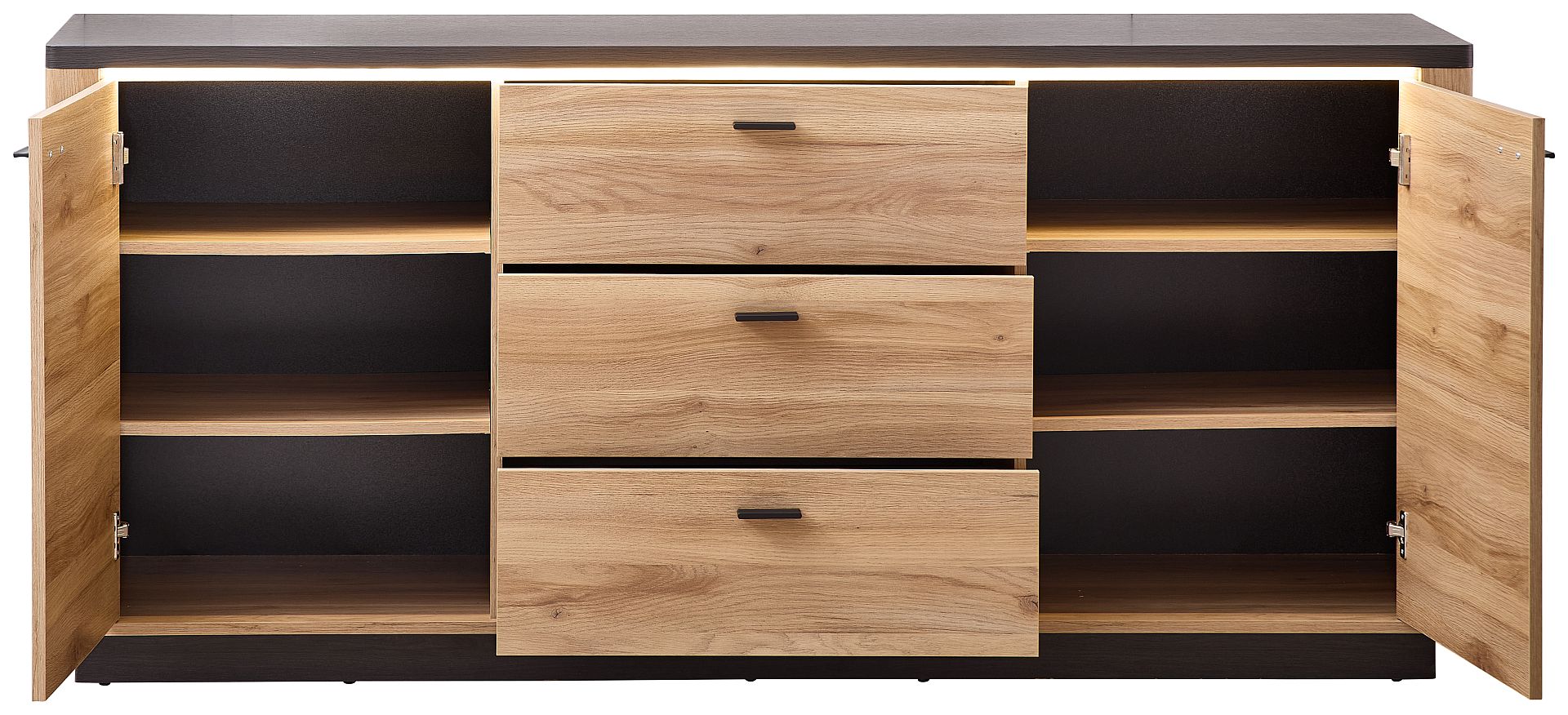 Nábytek do obývacího pokoje a jídelny COLEÉ_ sideboard 10 S2 HZ 20_ rozměry š/v/h_ 185/84/48 cm_ včetně LED osvětlení_ otevřený_ obr. 9 Nábytek do obývacího pokoje a jídelny COLEÉ_ sideboard 10 S2 HZ 20_ rozměry š/v/h_ 185/84/48 cm_ včetně LED osvětlení_ otevřený_ obr. 9