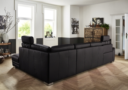 Sedací souprava MODENA 1040_ sestava 4258_ rohové rozměry zleva 160 x 328 x 210 cm_ područka C_ volitelné funkce a polštáře za příplatek_ v kůži Dickleder nero_ zadní pohled_ obr. 6