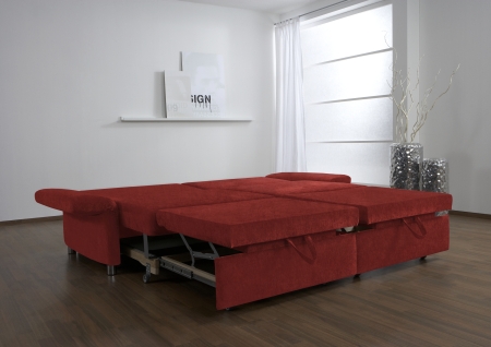 Rozkládací pohovka MULTIFLEXX PLUS_ typ 2218_BETT.E_ područka č. 3 - polohovatelná_ nohy kovové chrom_ plocha na spaní 180 x 205 cm_ rozložená_ obr. 1