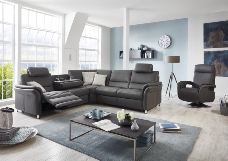 Sedací souprava DAKOTA_ sestava PKSLWA1L2,5LWFAR_PELRR_2,5APERPKSR_ rohové rozměry zleva 262 x 262 cm_ výška 89/92 cm_ výška s opěrkou hlavy 109-112 cm_ v kůži Torro grau_  + relaxační křeslo INTRO (separátně v nabídce)_  volitelné funkce za příplatek_ obr. 16