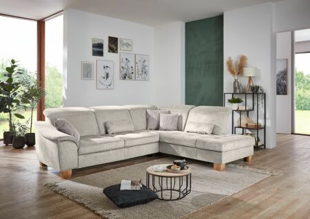 Sedací souprava LANZAROTE_ sestava 3LKV -1,5KORKV_ rohové rozměry sestavy zleva 299 x 243 cm_ polohovatelné opěrky hlavy ve standardu_ ostatní volitelné funkce za příplatek_ v látce Cyber ecru_ obr. 2
