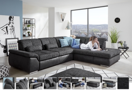 Sedací souprava PUSH_ sestava 3LST-SE-1,5STAhoR_ rozměry sestavy zleva 315 x 260 cm_ výška 85-100 cm_ nastavení hloubky sedu ve standardu_ ostatní volitelné funkce za příplatek_ v kombinaci látek Famosa anthrazit a Ranch schwarz_ foto s náhledy_ obr. 12