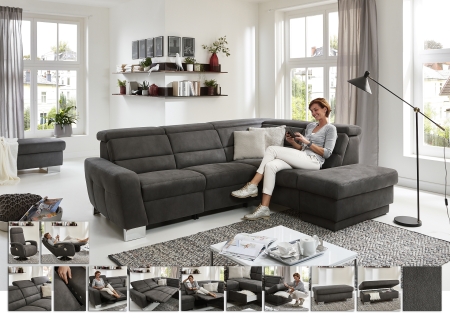 Sedací souprava REGIS_ sestava 2,5L - 1KOGR_  rozměry sestavy zleva 269 x 200 cm_ volitelné funkce a polštáře za příplatek_ v látce Feeling anthrazit_ foto s náhledy funkcí_ obr. 22