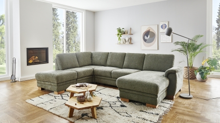 Sedací souprava MODENA 1040_ sestava 4259_ rohové rozměry zleva 210 x 328 x 160 cm_ područka C_ volitelné funkce a polštáře za příplatek_ v látce Yelda green_ obr. 2