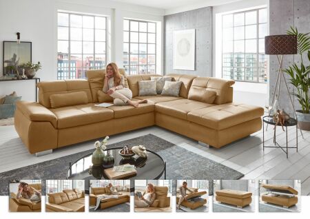 Sedací souprava PUSH_ sestava 3LST-SE-1,5STAhoR_ rozměry sestavy zleva 315 x 260 cm_ výška 85-100 cm_ nastavení hloubky sedu ve standardu_ ostatní volitelné funkce a polštáře za příplatek_ v kůži Vivre kurkuma_ foto s náhledy_ obr. 10