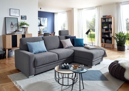 Sedací souprava MODENA 1040_ sestava typů 2501 + 6023_ rohové rozměry zleva 254 x 160 cm_ područka B_ volitelné funkce a polštáře za příplatek_ v látce Trend grey_ foto s náhledem funkcí_ obr. 1