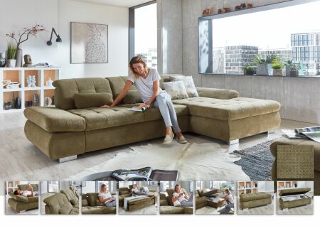 Sedací souprava STAGE_ sestava 3LST-CanRST_ rozměry sestavy zleva 331 x 194 cm_ výška 82-100 cm_ nastavení hloubky sedu ve standardu_ ostatní volitelné funkce a polštáře za příplatek_ v látce Belle olive_ foto s náhledy funkcí_ obr. 24