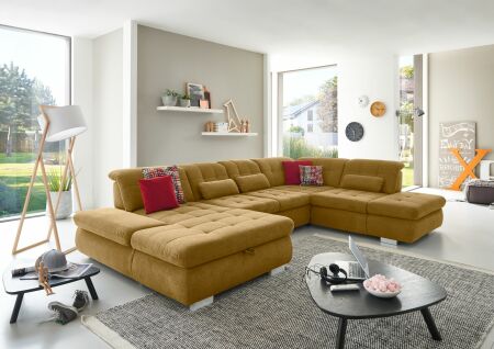 Sedací souprava STAGE_ sestava CanLST-2,5ELST-SE-1,5STAhor_ rozměry sestavy zleva 195 x 382 x 260 cm_ výška 82-100 cm_ nastavení hloubky sedu ve standardu_ ostatní volitelné funkce a polštáře za příplatek_ v látce Calido curry_ obr. 7