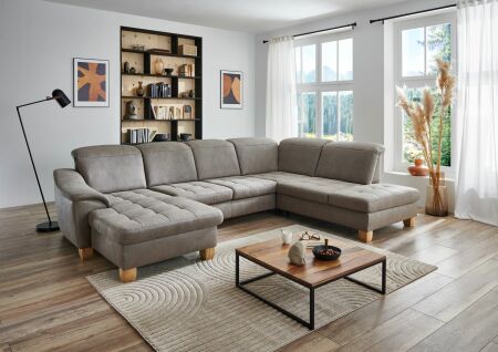 Sedací souprava LANZAROTE_ sestava CanLKV+2,5ELKV+1,5KORKV_ rohové rozměry sestavy zleva 185 x 341 x 243 cm_ polohovatelné opěrky hlavy ve standardu_ ostatní volitelné funkce za příplatek_ v látce Taurus platin_ foto s modelem_ obr. 11