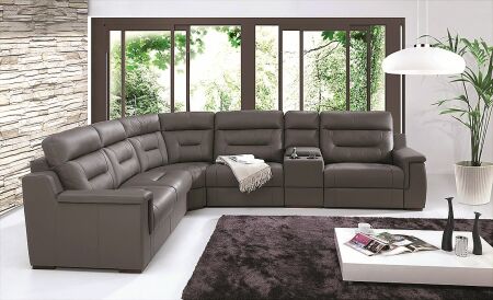 Sedací souprava ARCHIMEDES_ sestava 2,5 FL + E + 1 BB + BK + 1,5 BB + Bok P_ rohové rozměry zleva 320 x 328 cm_ polohovatelné opěrky hlavy ve standardu_ ostatní volitelné funkce za příplatek_ kůže HERMES Smog_ interier_ obr. 1