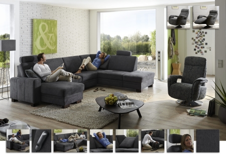 Sedací souprava CINCINATTI_ sestava CanL-2,5EL-SE-1,5AhoR_ rohové rozměry zleva 163 x 319 x 241 cm_ volitelné funkce a polštáře za příplatek_ v látce Miro grau_ foto s náhledy_ relaxační  křeslo INTRO není součástí sestavy (možno objednat separátně)_ obr. 34