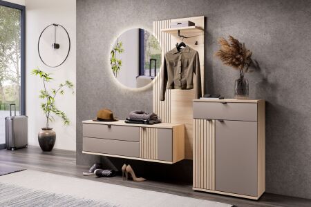 Předsíňový nábytek CONARO_ sestava 30 B4 RM 80_ rozměry š/v/h_ 229 / 202 / 38 cm_ šikmý pohled_ obr. 2