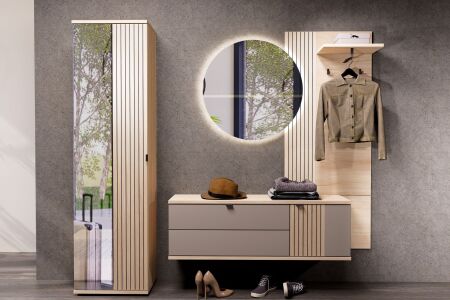 Předsíňový nábytek CONARO_ sestava z typů 01+14+40+50_ rozměry š/v/h_ 218 / 202 / 38 cm_ čelní pohled_ obr. 1
