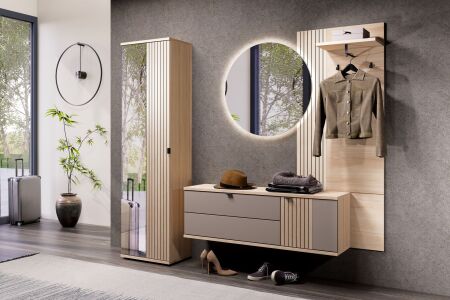 Předsíňový nábytek CONARO_ sestava z typů 01+14+40+50_ rozměry š/v/h_ 218 / 202 / 38 cm_ čelní pohled_ obr. 2