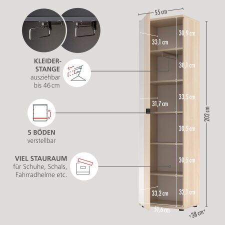Předsíňový nábytek CONARO_ šatní skříň 30 B4 RM 01_ rozměry š/v/h_ 55 / 202 / 38 cm_ šikmý pohled s rozměry_ obr. 4