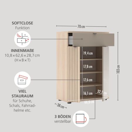Předsíňový nábytek CONARO_ botník 30 B4 RM 11_ rozměry š/v/h_ 70 / 103 / 38 cm_ otevřený s rozměry_ obr. 6