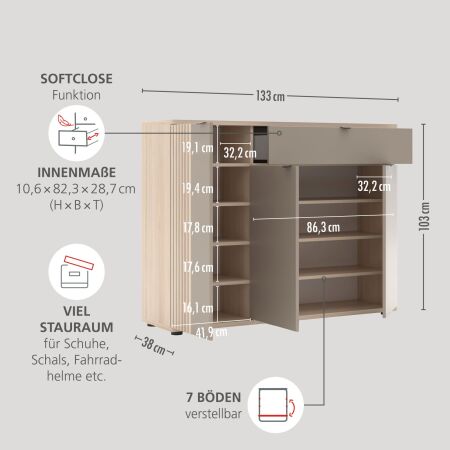 Předsíňový nábytek CONARO_ botník 30 B4 RM 12_ rozměry š/v/h_ 133 / 103 / 38 cm_ šikmý pohled s rozměry_ obr. 4