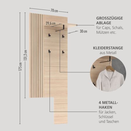 Předsíňový nábytek CONARO_ závěsný šatní panel 30 B4 RM 40_ rozměry š/v/h_ 70 / 175 / 30 cm_ šikmý pohled s rozměry_ obr. 8