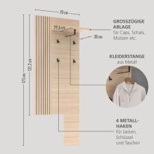 Předsíňový nábytek CONARO_ závěsný šatní panel 30 B4 RM 40_ rozměry š/v/h_ 70 / 175 / 30 cm_ šikmý pohled s rozměry_ obr. 8