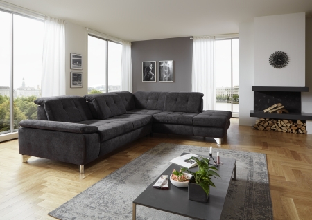 Sedací souprava ENNA_ sestava 3LST-SE-1,5STAhoR_ rohové rozměry zleva 310 x 260 cm_ výška 85-100 cm_  nastavení hloubky sedu (polohovatelná opěradla) ve standardu_ ostatní funkce za příplatek_ v látce Belle-black_ bez volitelných polštářů_ obr. 14