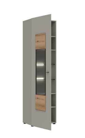 Nábytek do obývacího pokoje SORENTO_ vitrína 10 U3 MM 01_ levá varianta_ rozměry š/v/h_ 53 / 198 / 42 cm_ včetně LED osvětlení_ šikmý pohled_ otevřená_ obr. 7