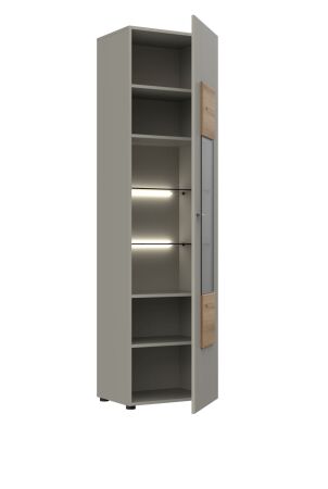 Nábytek do obývacího pokoje SORENTO_ vitrína 10 U3 MM 01_ pravá varianta_ rozměry š/v/h_ 53 / 198 / 42 cm_ včetně LED osvětlení_ šikmý pohled_ otevřená_ obr. 10