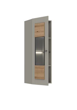 Nábytek do obývacího pokoje SORENTO_ závěsná vitrína 10 U3 MM 10_ levá varianta_ rozměry š/v/h_ 45 / 132 / 42 cm_ včetně LED osvětlení_ šikmý pohled_ otevřená_ obr. 8