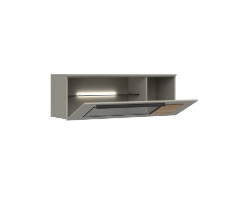 Nábytek do obývacího pokoje SORENTO_ závěsná vitrína 10 U3 MM 12_ rozměry š/v/h_ 135 / 45 / 42 cm_ včetně LED osvětlení_ šikmý pohled_ otevřená_ obr. 12