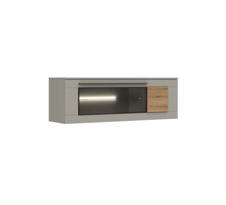 Nábytek do obývacího pokoje SORENTO_ závěsná vitrína 10 U3 MM 12_ rozměry š/v/h_ 135 / 45 / 42 cm_ včetně LED osvětlení_ šikmý pohled_ obr. 11