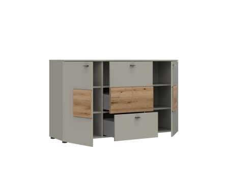 Nábytek do obývacího pokoje SORENTO_ sideboard 10 U3 MM 20_ rozměry š/v/h_ 145 / 86 / 41 cm_ šikmý pohled_ otevřený_ obr. 16