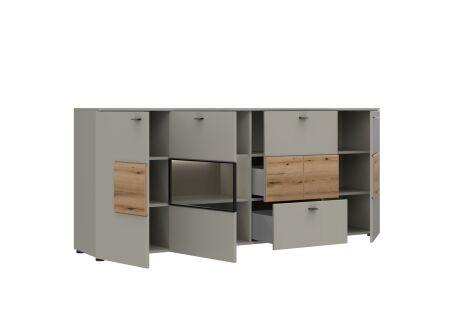 Nábytek do obývacího pokoje SORENTO_ sideboard 10 U3 MM 21_ rozměry š/v/h_ 198 / 86 / 41 cm_ včetně LED osvětlení_ šikmý pohled_ otevřený_ obr. 19