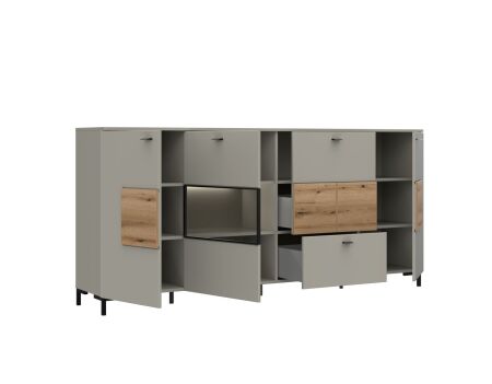 Nábytek do obývacího pokoje SORENTO_ sideboard 10 U3 MM 21 + sada nožiček 10 U3 MM 99_ rozměry š/v/h_ 198 / 91 / 41 cm_ včetně LED osvětlení_ šikmý pohled_ otevřený_ obr. 16
