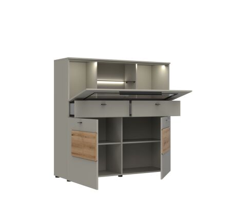 Nábytek do obývacího pokoje SORENTO_ highboard 10 U3 MM 22_ rozměry š/v/h_ 135 / 134 / 41 cm_ včetně LED osvětlení_ šikmý pohled_ otevřený_ obr. 18