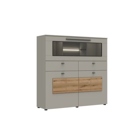Nábytek do obývacího pokoje SORENTO_ highboard 10 U3 MM 22_ rozměry š/v/h_ 135 / 134 / 41 cm_ včetně LED osvětlení_ šikmý pohled_ obr. 17