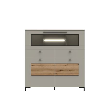 Nábytek do obývacího pokoje SORENTO_ highboard 10 U3 MM 22 + sada nožiček 10 U3 MM 99_ rozměry š/v/h_ 135 / 139 / 41 cm_ včetně LED osvětlení_ čelní pohled_ obr. 14
