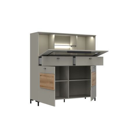 Nábytek do obývacího pokoje SORENTO_ highboard 10 U3 MM 22 + sada nožiček 10 U3 MM 99_ rozměry š/v/h_ 135 / 139 / 41 cm_ včetně LED osvětlení_ šikmý pohled_ otevřený_ obr. 16
