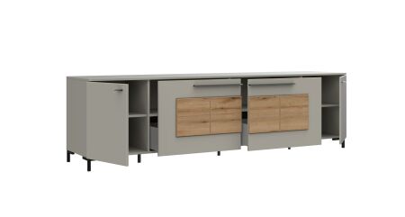 Nábytek do obývacího pokoje SORENTO_ TV-spodní díl 10 U3 MM 32 + sada nožiček 10 U3 MM 99 _ rozměry š/v/h_ 225 / 62 / 51 cm_ včetně LED osvětlení_ šikmý pohled_ otevřený_ obr. 11