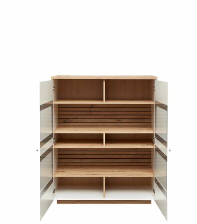 Nábytek do obývacího pokoje FREMONT_ highboard 40 C5 HW 22_ rozměry š/v/h_ 110/136/40 cm_ volitelné LED osvětlení v příslušenství_ otevřený_ obr. 11