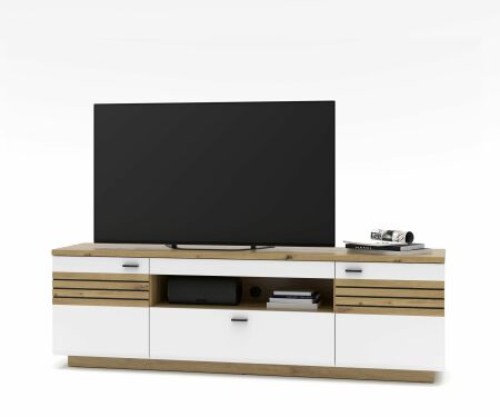 Nábytek do obývacího pokoje FREMONT_ TV- spodní díl 40 C5 HW 30_ rozměry š/v/h_ 190/59/47 cm_ čelní pohled_ foto s dekorací_ volitelné LED osvětlení_ obr. 7