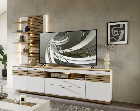 Nábytek do obývacího pokoje FREMONT_ ob. sestava 40 C5 HW W6_ rozměry š/v/h_ 266/223/47 cm_ volitelné LED osvětlení v příslušenství_ foto s dekorací_ obr. 3
