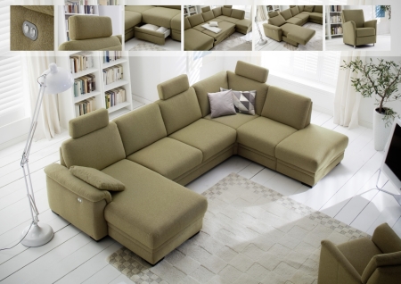 Sedací souprava MODENA 1040_ sestava 4258_ rohové rozměry zleva 160 x 328 x 210 cm_ područka C_ volitelné funkce a polštáře za příplatek_ v látce Orlando olive_ foto s náhledy funkcí_ obr. 8