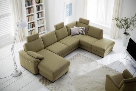 Sedací souprava MODENA 1040_ sestava 4258_ rohové rozměry zleva 160 x 328 x 210 cm_ područka C_ volitelné funkce a polštáře za příplatek_ v látce Orlando olive_ obr. 1